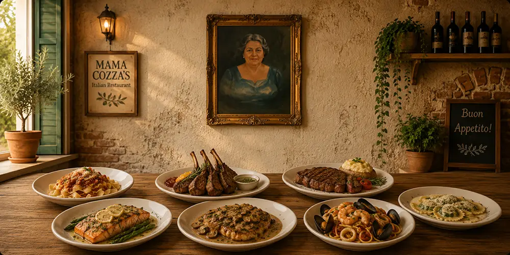 Illustration of appetizers and Mama Cozza&rsquo;s Italian Restaurant